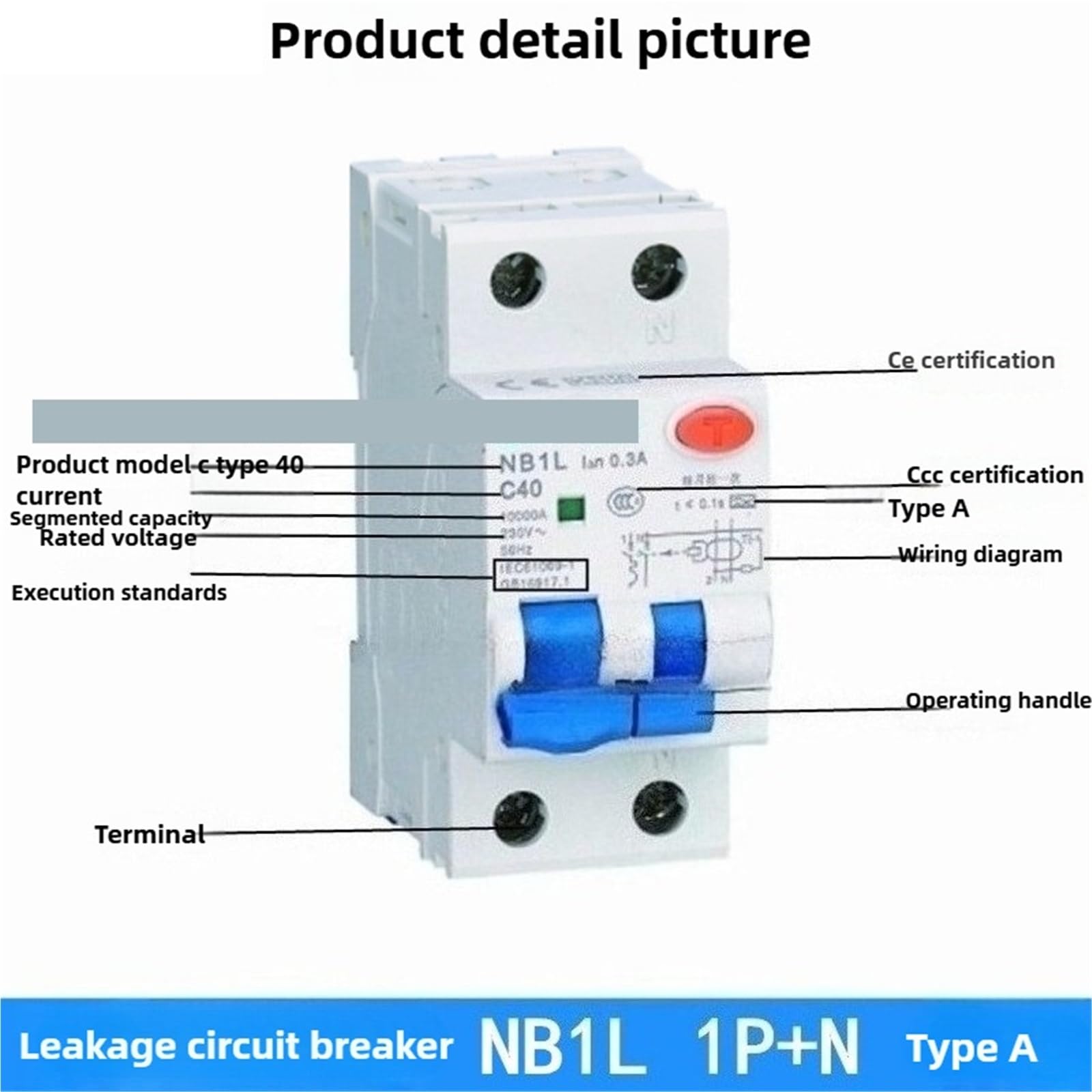 Wyłącznik różnicowoprądowy NB1L Typ A AC 10A 16A 32A 40A 30MA, 1 sztuka z magnetyczną osłoną nadprądową (1PN TYP A, 40A)