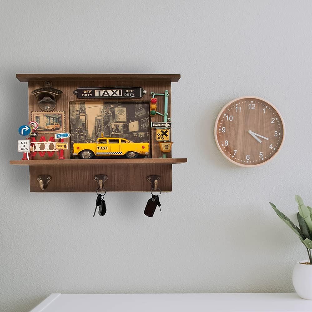 Old Modern Handicrafts Vintage New York City Checker Taxi Shadow Box: A Miniature Homage to The Big Apple with 3 Metal Keychain Hooks - 13" L x 3.5" W x 11.5" H Inches