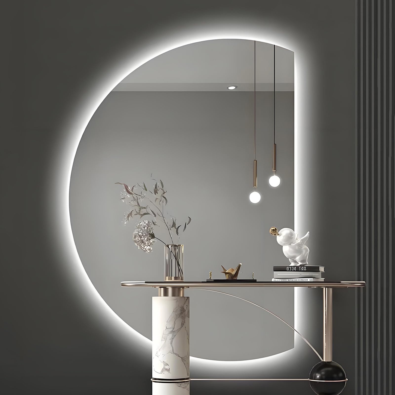 Nowoczesne lusterko łazienkowe LED, bezramowe podświetlane półokrągłe lustro ścienne, inteligentne przeciwmgielne, 3 kolory światła: biały/neutralny/ciepły (prosty krój, 120 x 80 cm)