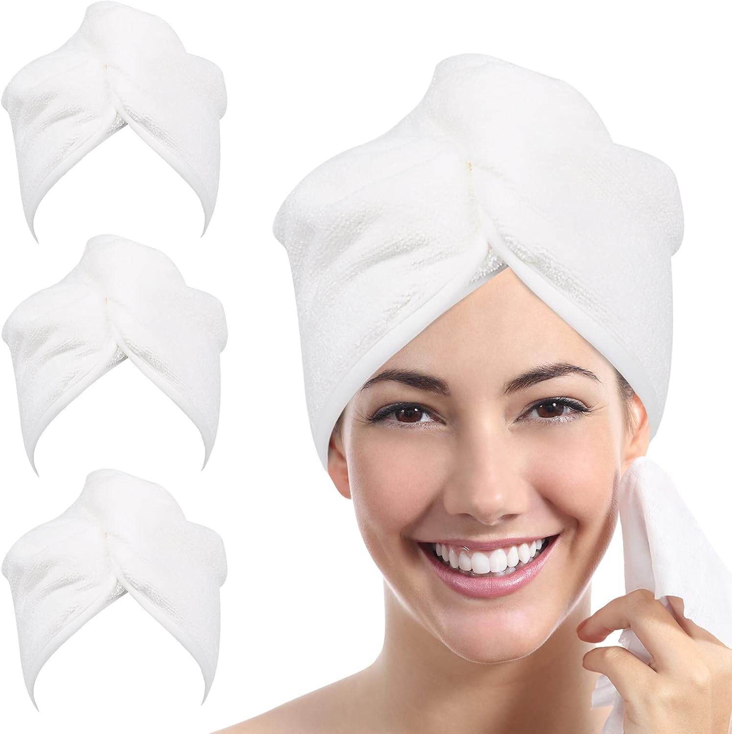 YoulerTex Microfiber Hair Towel Wrap: Super Absorbent Quick Hair Drying Turban 3 Pack Soft Head Towel Wraps for Women Curly Long Wet Thick Hair Anti Frizz with Button Loop (White)
