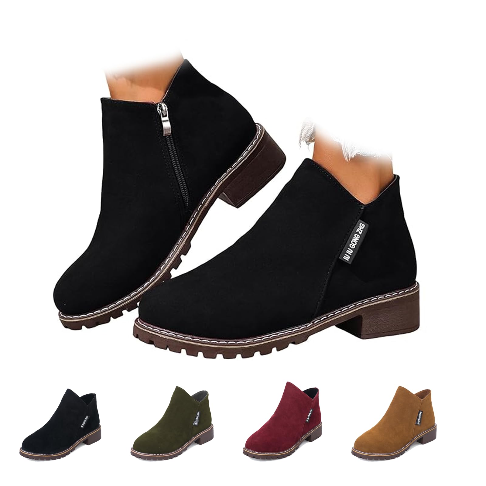Ankle Boots for Women 2025 Low Heel Chunky Platform Heeled Short Booties Non Slip Outsole for Outdoor Walking