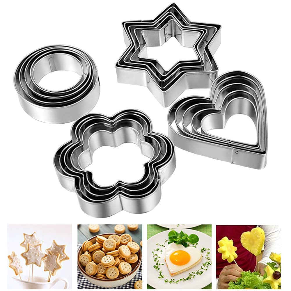 12 Piece Stainless Steel Cookie Cutter, Metal Cake Vegetable Fruit Biscuit Cutters Molds Set, Hearts Flowers Stars Round Shape, Silver-image-49