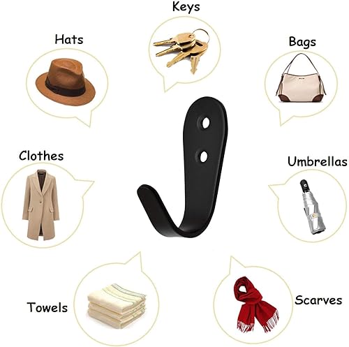 Miniatura 6 de Ganchos para puerta de pared, paquete de 8 perchas negras para chaquetas, montaje en pared, de acero inoxidable, gancho individual para bata,
