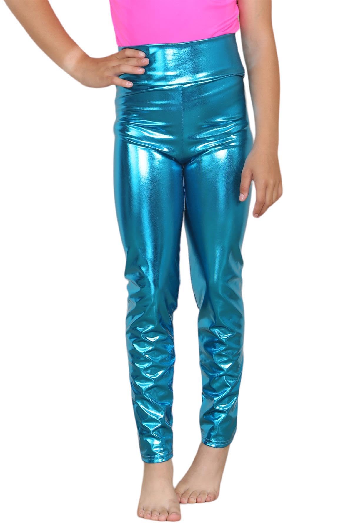 Hamishkane Girls Turquoise Metallic High Waist Leggings Kids Plain Wet Look Shiny Sports Dance Party Pants