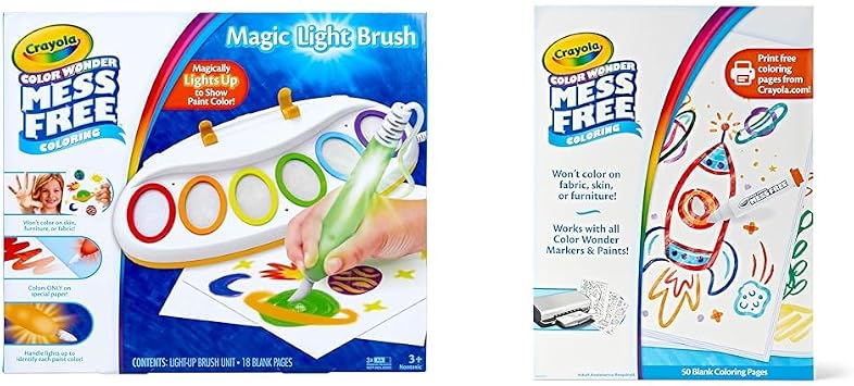 Crayola Color Wonder Magic Light Brush Paint Station with 6 Colors, 18 Sheets & 50-Count Blank Coloring Pages Bundle, Mess Free Art Set for Kids Ages 3+