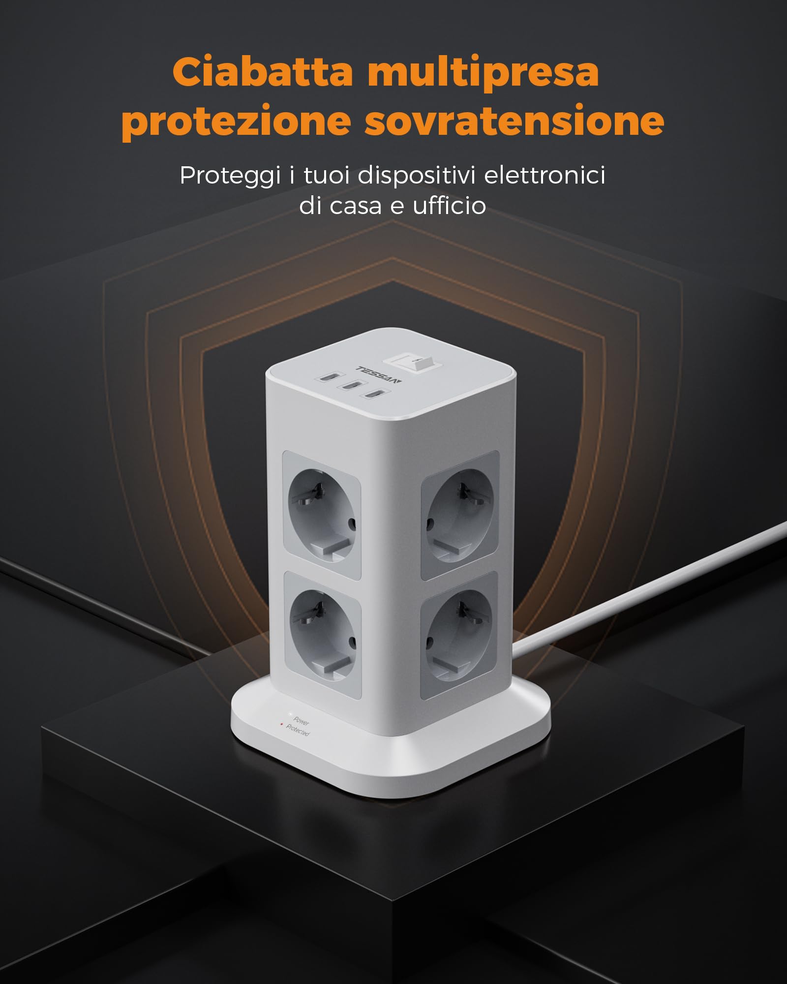 TESSAN 8 Prese Ciabatta Multipresa con 3 USB C, Ciabatta Elettrica con Protezione da Sovratensione 1700J, Ciabatta Elettrica con Interruttore, Multipresa da Scrivania 16A con Prolunga 2M, 3600W