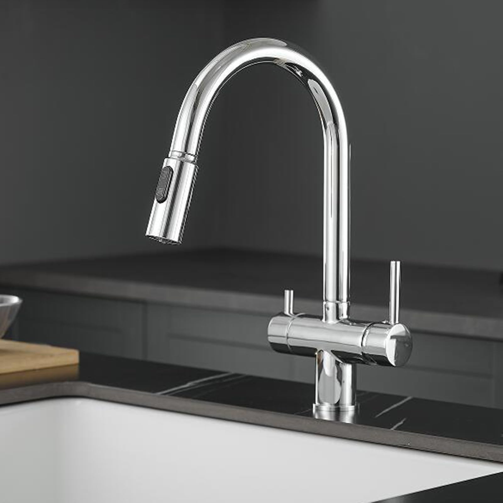 3Way Kitchen Pullout Design Double Handle Rotating Brass Tap Black Finish Osmosis Water Filter Compatible Modern Kitchen Upgrade,Cromado