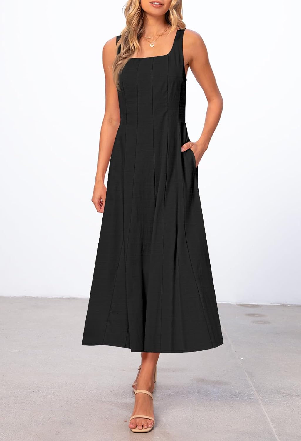 MEROKEETY Women's 2026 Summer Sleeveless Midi Dress Square Neck Smocked Flowy A Line Beach Dresses - Image 6