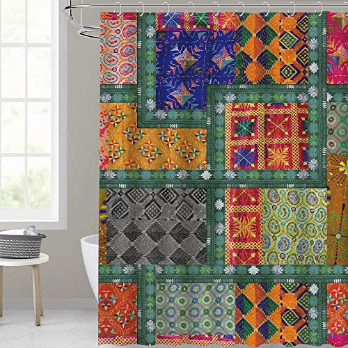 Toktilikt Stitching Colorful Floral Bath Shower Curtain Sets 72" X 72" Vintage Retro Waterproof Boho Patchwork Polyester Shower Curtains For Bohemian Style Bathroom Decor With 12 Hooks #TOP2