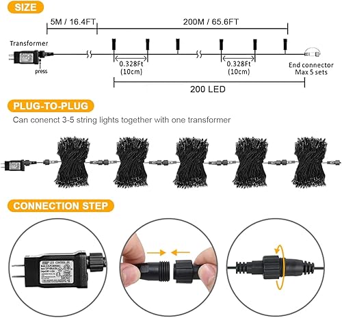 Miniatura 4 de weillsnow Luces de Halloween moradas, 200 luces LED de 66 pies, impermeables, enchufables, 8 modos con memoria para exteriores, interiores, jardín,