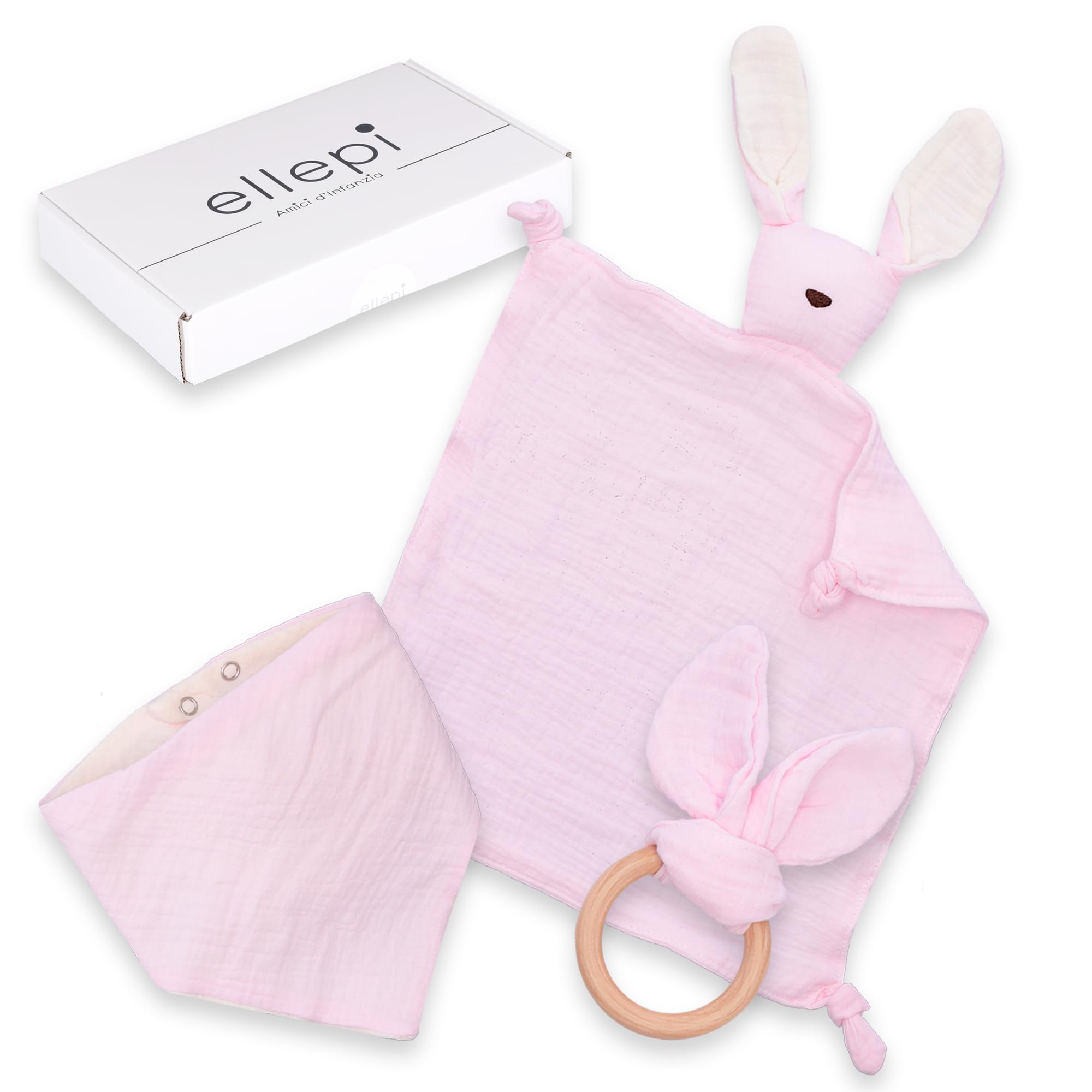 Ellepi Doudou Neonato Set Regalo Nascita Bio - Set Completo con Doudou, Bavaglino e Massaggia Gengive in Cotone Biologico per Neonati 0-3 Mesi (Rosa)