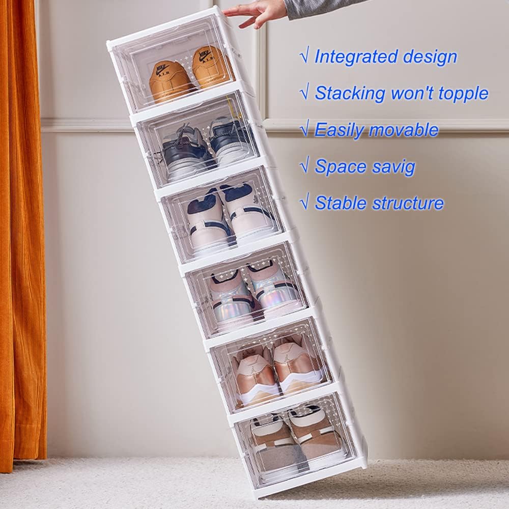 Shoe Rack Shoe Storage Box Bins Clear Collapsible Plastic Installation-Free Size up to 14, Stackable Foldable Tote with Lids Organizing Dustproof 6-Tiers