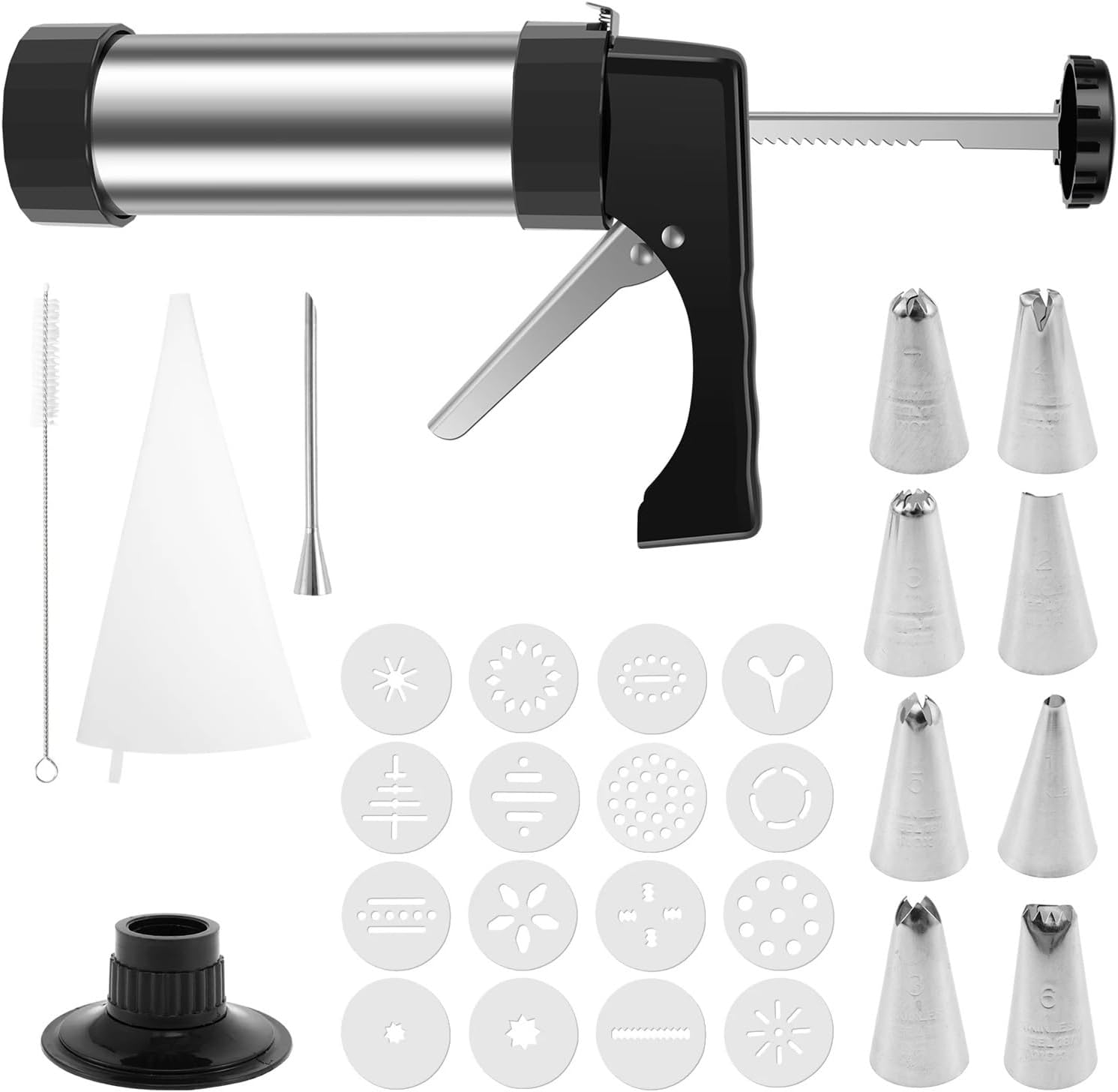 Fit for Stainless Steel Cookie Press Gun with 16 Discs & 8 Icing Tips - for Baking Biscuits and Cookies