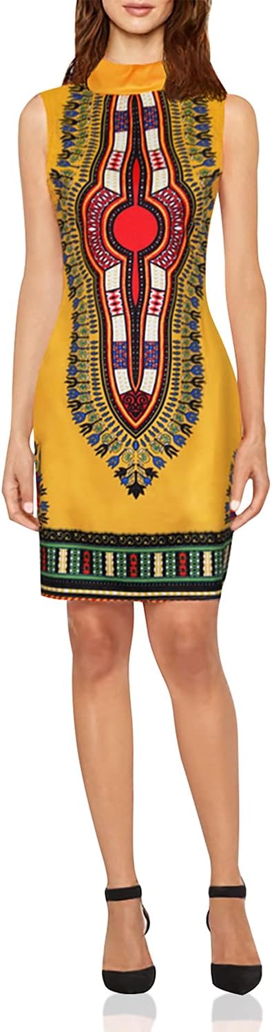 SheKissWomen Traditional African Print Dashiki Bodycon Sleeveless High Collar Dress Yellow