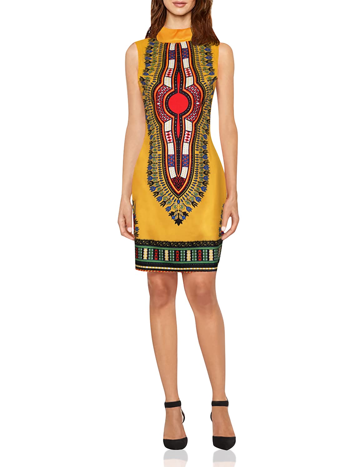 SheKissWomen Traditional African Print Dashiki Bodycon Sleeveless High Collar Dress Yellow