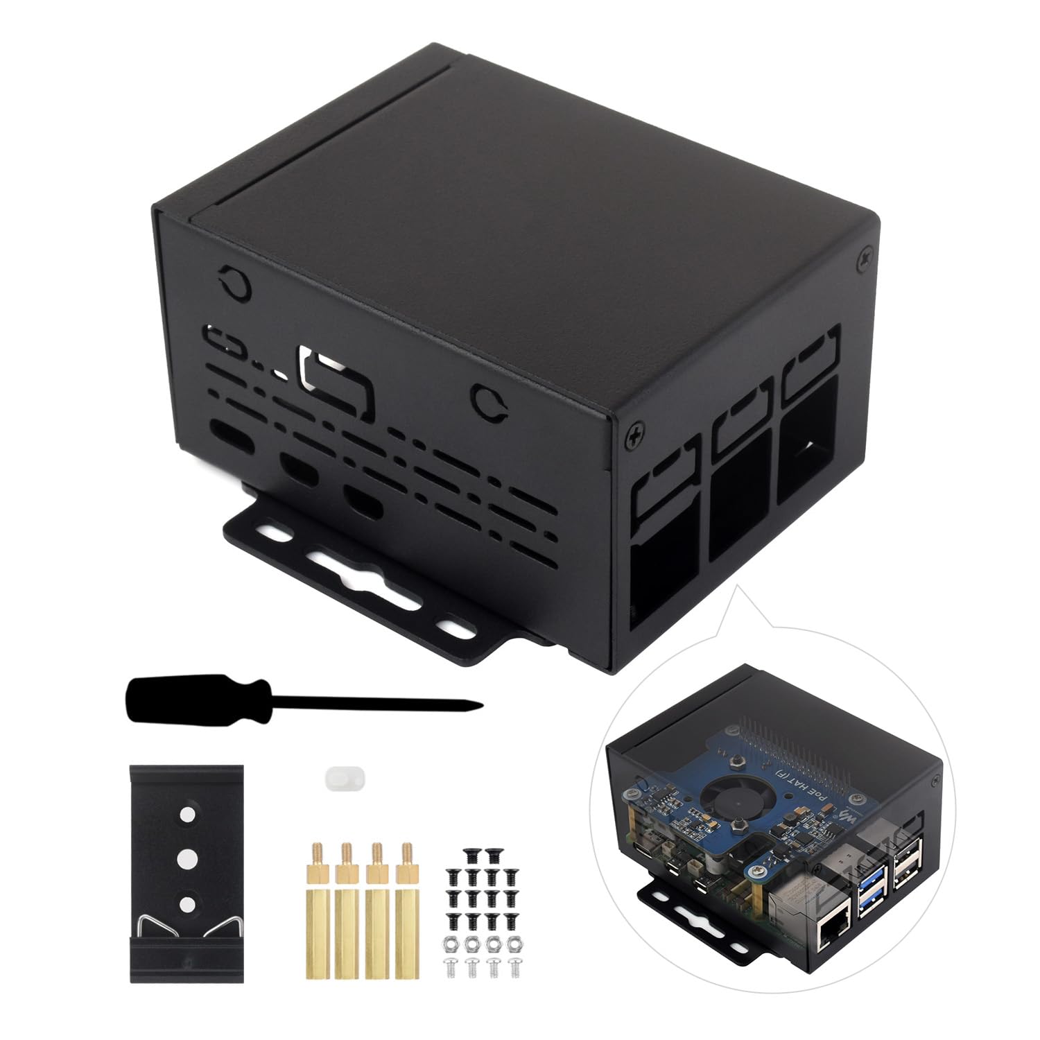 Waveshare Industrial Grade Metal Case (D) for Raspberry Pi 5, Larger Internal Space, Supports Installing Official Cooling Fan and Various Hats, Wall-Mount and Rail-Mount Support