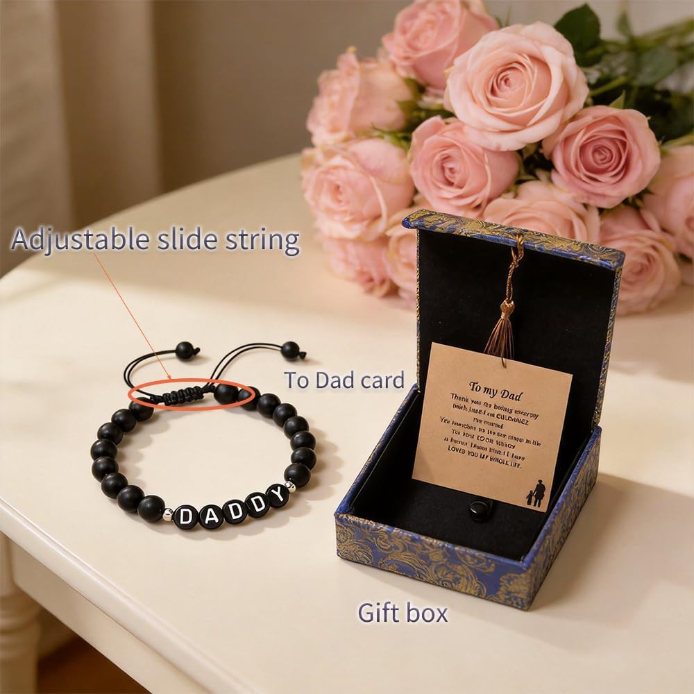 Black Beaded Bracelets for Dad Birthday Gift for Dad from Daughter Son Adjustable Mens Present with Daddy Patterns Cool Father’s day Anniversary Thanksgiving Christmas gifts for Man