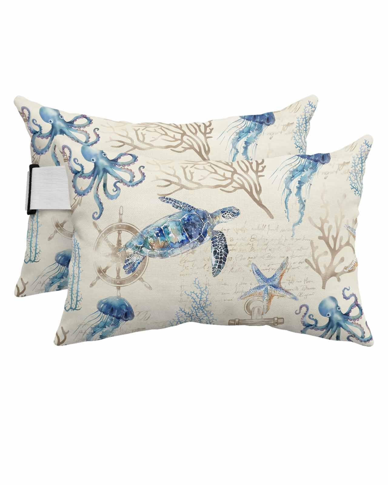 Outdoor Pillows Covers with Inserts Summer Vintage Ocean Octopus Jellyfish Starfish Turtle Anchor Waterproof Pillow Adjustable Strap Throw Pillows for Patio Furniture Lounge Chair, 11x16 Inch, 2PCS