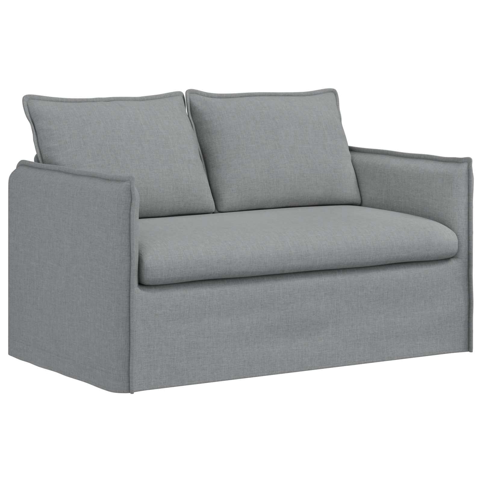 Divano rettangolare moderno, design modulare componibile, struttura metallo e legno, tessuto grigio traspirante, imbottitura schiuma fibra, dimensioni 136x82x85 cm, per soggiorno e camera da letto