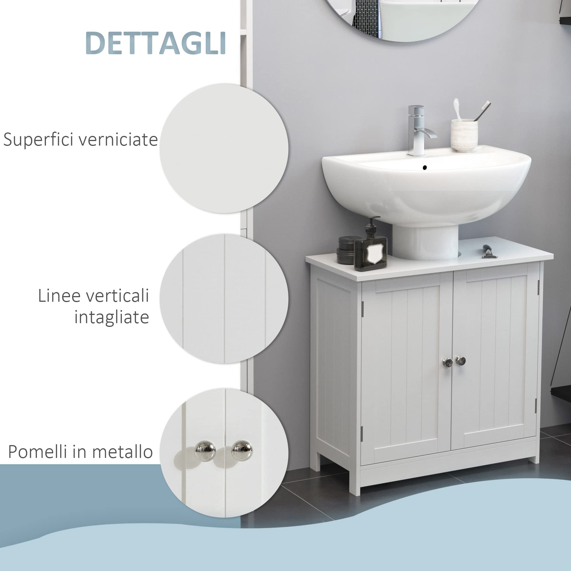 HOMCOM Mobile Sottolavabo per Bagno con Ripiano Regolabile, Mobiletto Sottolavabo con Intaglio a U e 2 Ante, Mobile Bagno Salvaspazio, Adatto a Lavabi con o Senza Colonna, 60x30x60 cm, Bianco