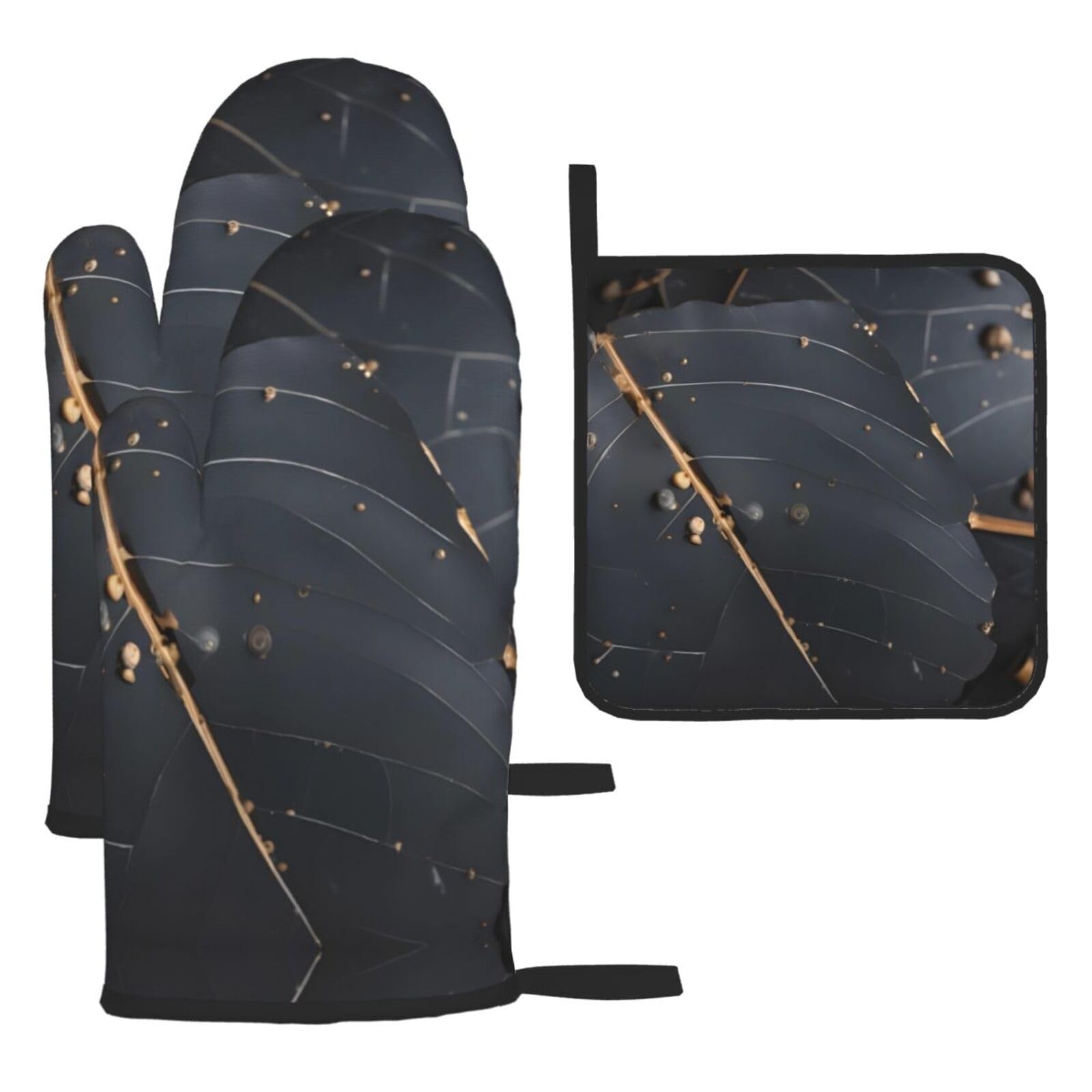 Enchanted Plant Leaves Oven mittens and oven mitts three-piece set suitable for oven, grilling, baking, microwave and home cooking.