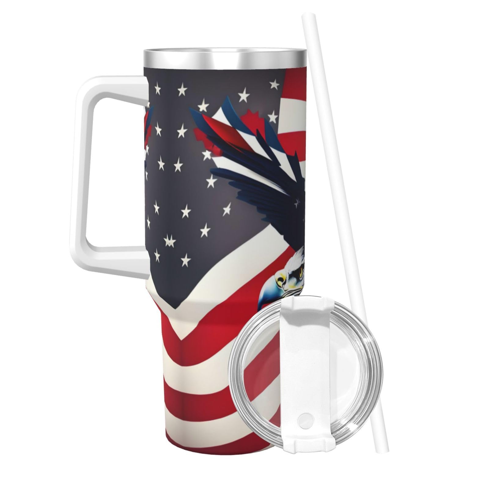 Trinkflasche mit amerikanischer Flagge, Edelstahl, doppelwandig, isoliert, mit Griff und Strohhalm-Deckel, 1,2 l