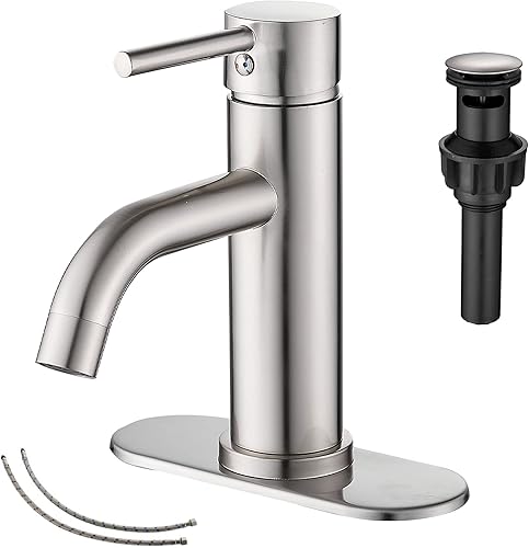 Grifo de baño de níquel cepillado GGStudy con una sola manija de un agujero, grifo de lavabo de baño a juego con desbordamiento de drenaje