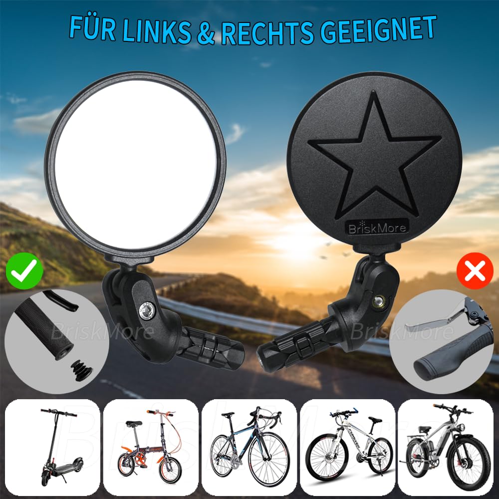 BriskMore Fahrradspiegel, Spiegel für Lenkerende, Fahrrad-Rückspiegel mit HD-Glas und konvexer Linse, sicherer Rückspiegel fürs Radfahren