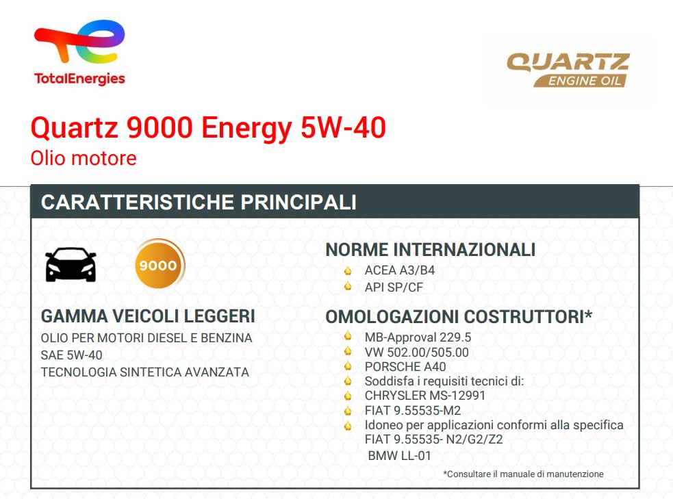 TOTAL Olio lubrificante per motori Total Quartz 9000 Energy 5W-40 5 litri-