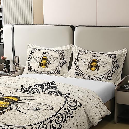 100% Cotton Sweet Honey Bee Bed Sets Cute Kawaii Animal Duvet Cover Retro Vintage Style Bedding Set Double 70S 80S Grunge Comforter Cover Old Newspaper Print Quilt Cover Breathable (No Comforter) - Image 4