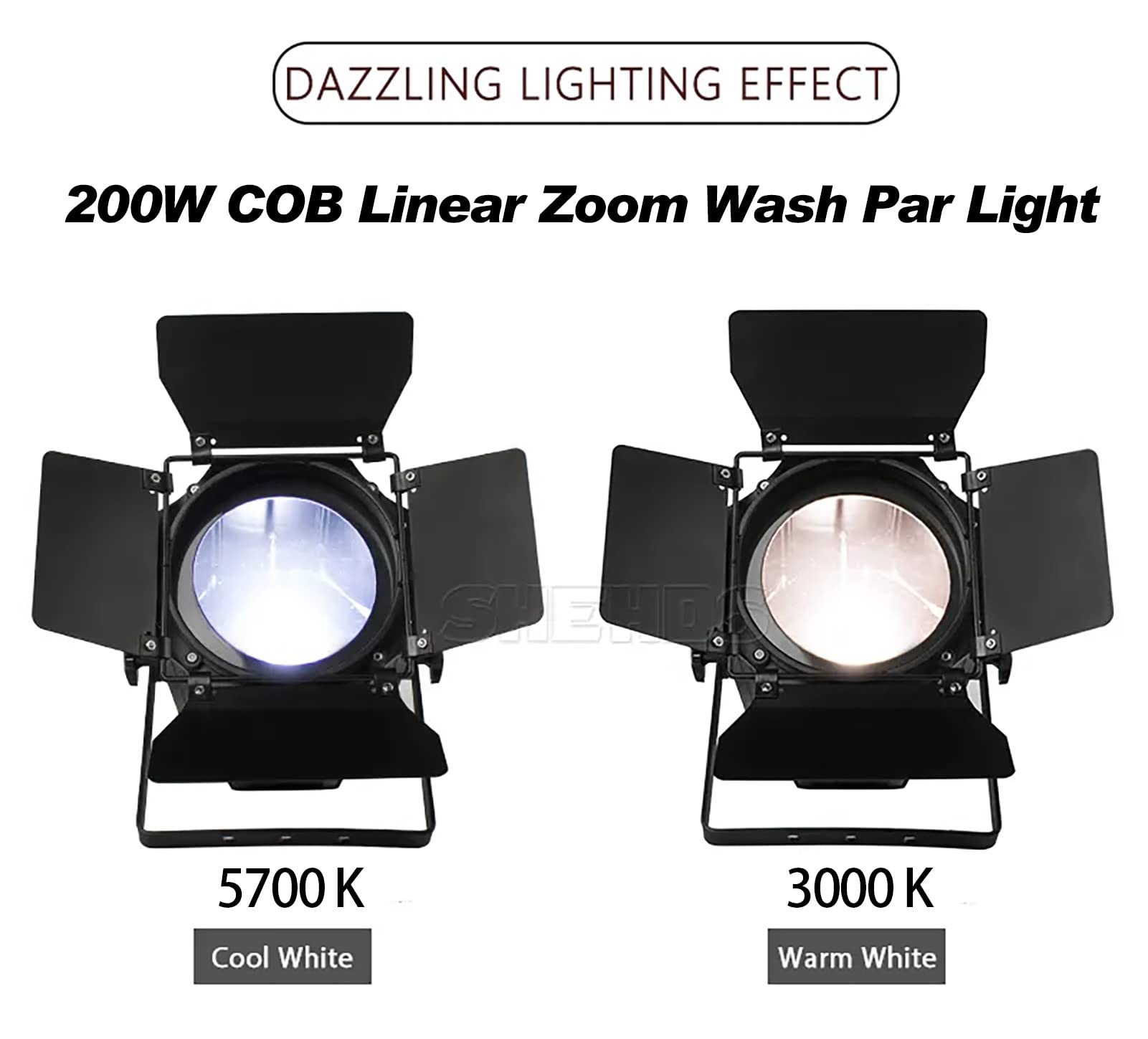SHEHDS led par luces COB 200W proyectores de zoom lineal luces de lavado con la puerta del granero blanco cálido (3000K) y blanco fresco (5700K) luz de escenario DMX512 sonido activado DJ luz o teatro