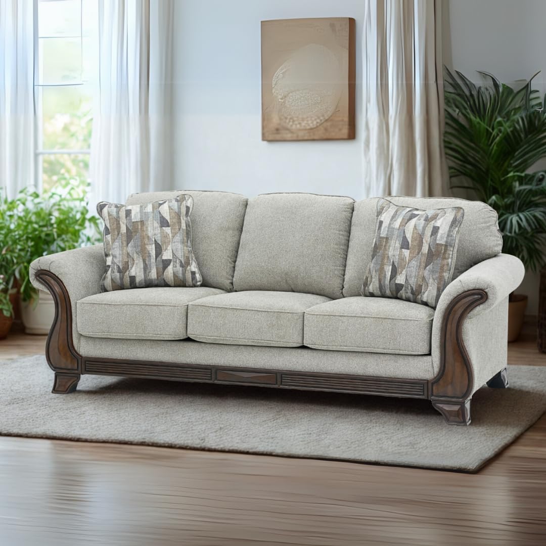 Royaloak Amber Fabric Sofa 3 Seater | Soft Grey Upholstery with Thick Cushions | Designer Wooden Arm Panels and Wood Finish Skirting | 3 Seater Sofa with Super Soft Cushions for Comfort-image-27
