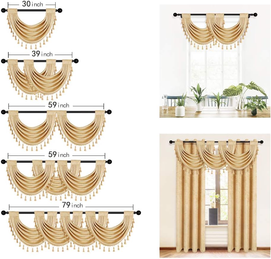 ELKCA Thick Chenille Waterfall Swag Valances for Living Room Gold Valance Window Curtains for Kitchen,Pack of 2 (Gold, 30" W x 22" L)