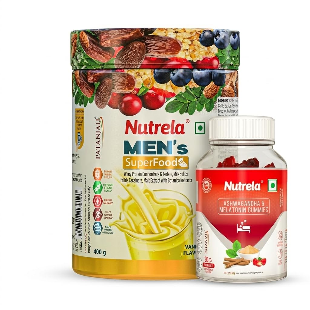 Patanjali Nutrela Men's SuperFood (Vanilla Flavour, 400g) and Ashwagandha & Melatonin Gummies (30 Gummies) Combo Pack-image-20