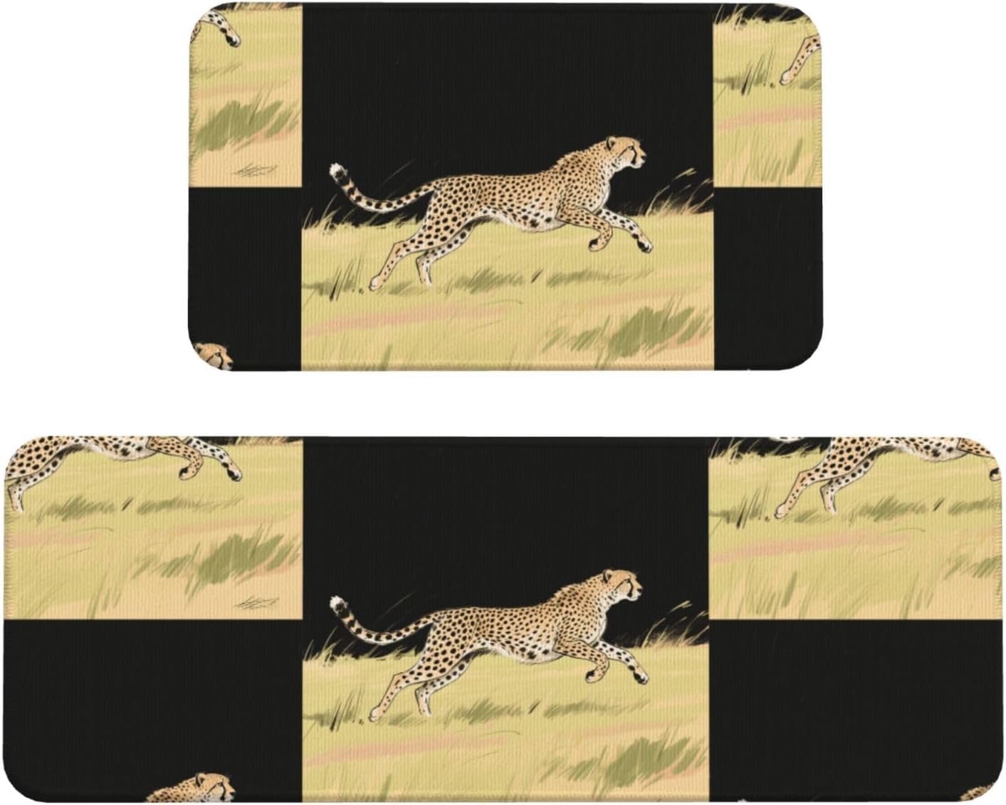 Running Cheetah Kitchen Rugs Set of 2, Cushioned Anti-Fatigue Kitchen Mats for Floor, Waterproof Comfort Standing Mat Absorbent Velvet Kitchen Runner Rugs 17"x30"+17"x47"