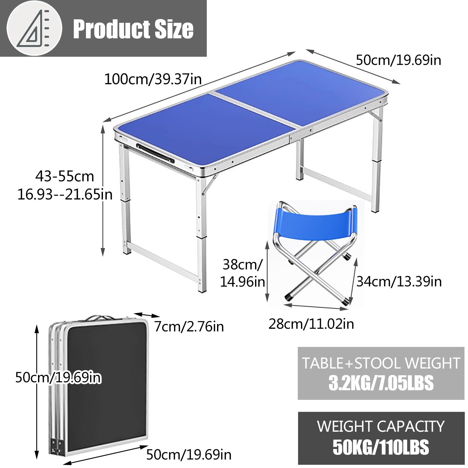 Aluminiowy składany stół o regulowanej wysokości, przenośny stół kempingowy z uchwytem, 100 x 50 cm, czarny, idealny na imprezę biurową, piknik, ślub, zawiera 4 stołki