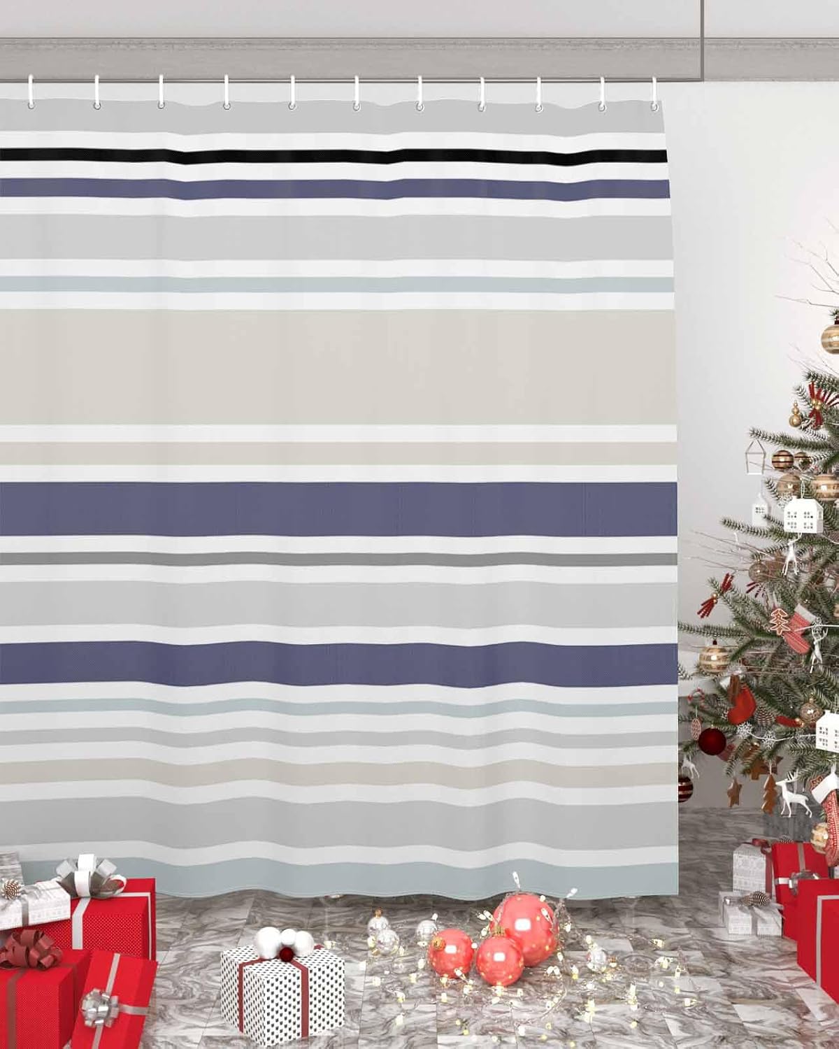 Shower Curtains for Bathroom Accessories, Beige Navy Blue Striped Polyester Fabric Bathtub Curtain with 12 Hooks, Abstract Art Rustic Stripes Waterproof Shower Curtains 72 x 72 Inches