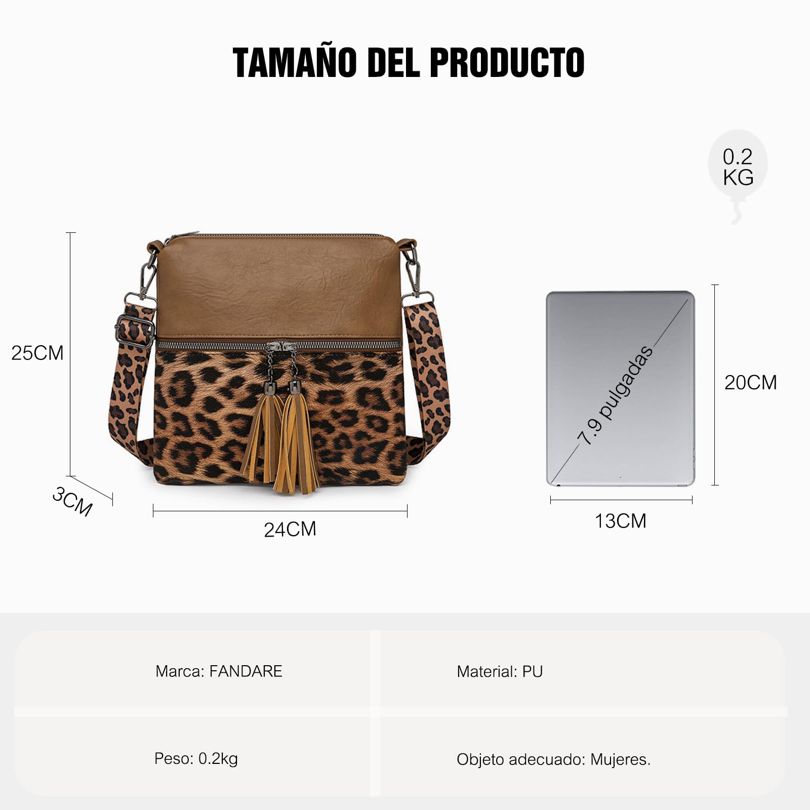 FANDARE Leopardo Bolso Bandolera Mujer Bolso de Hombro Boho Flecos Bolso Tote de PU Cuero Bolsa Crossbody para Trabajo, Oficina, Viaje