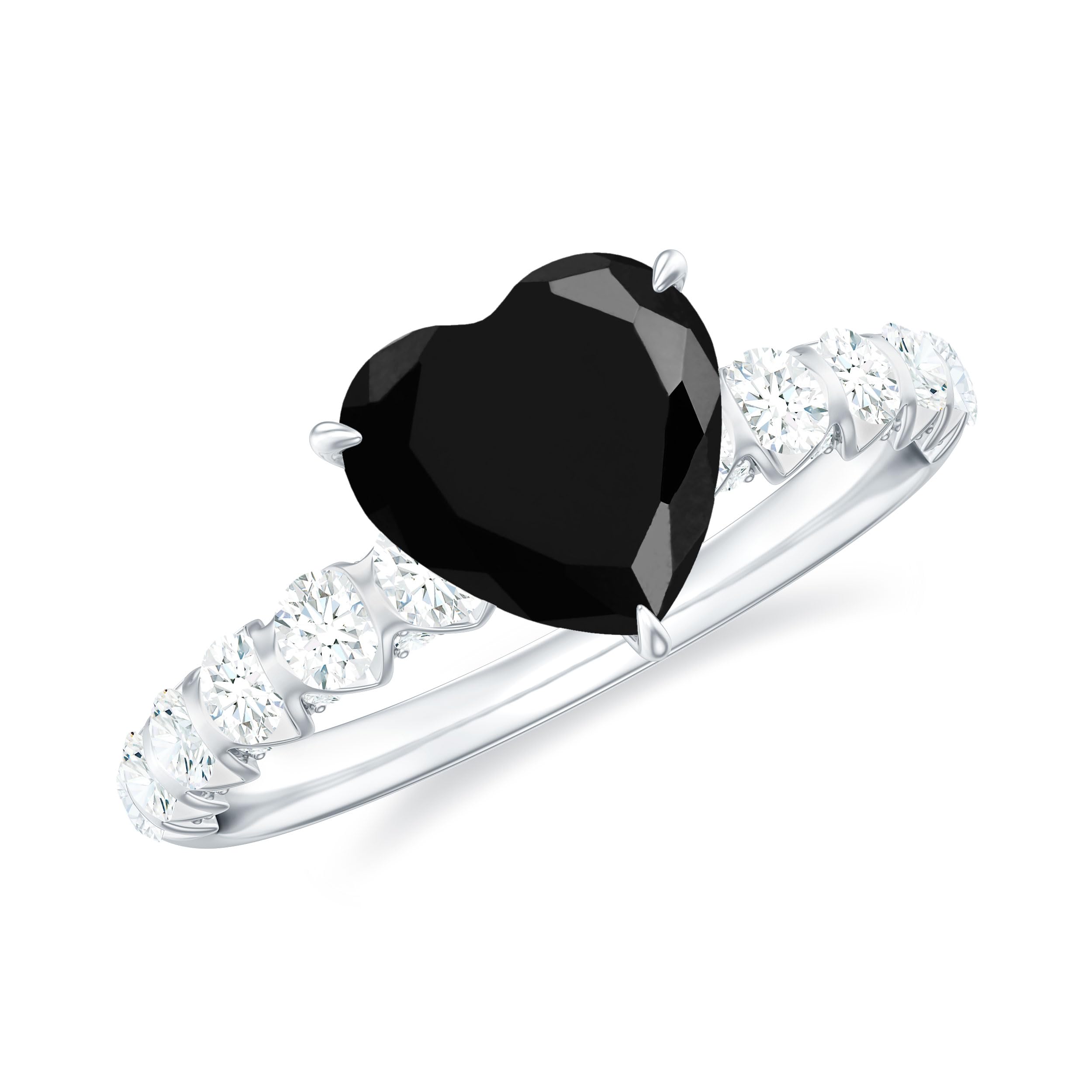 Black Heart Ring, Black Spinel Heart Solitaire Ring, Eye Catching Black Heart Ring and Side Stones (7 mm Black Spinel Heart), 14 K Solid Gold