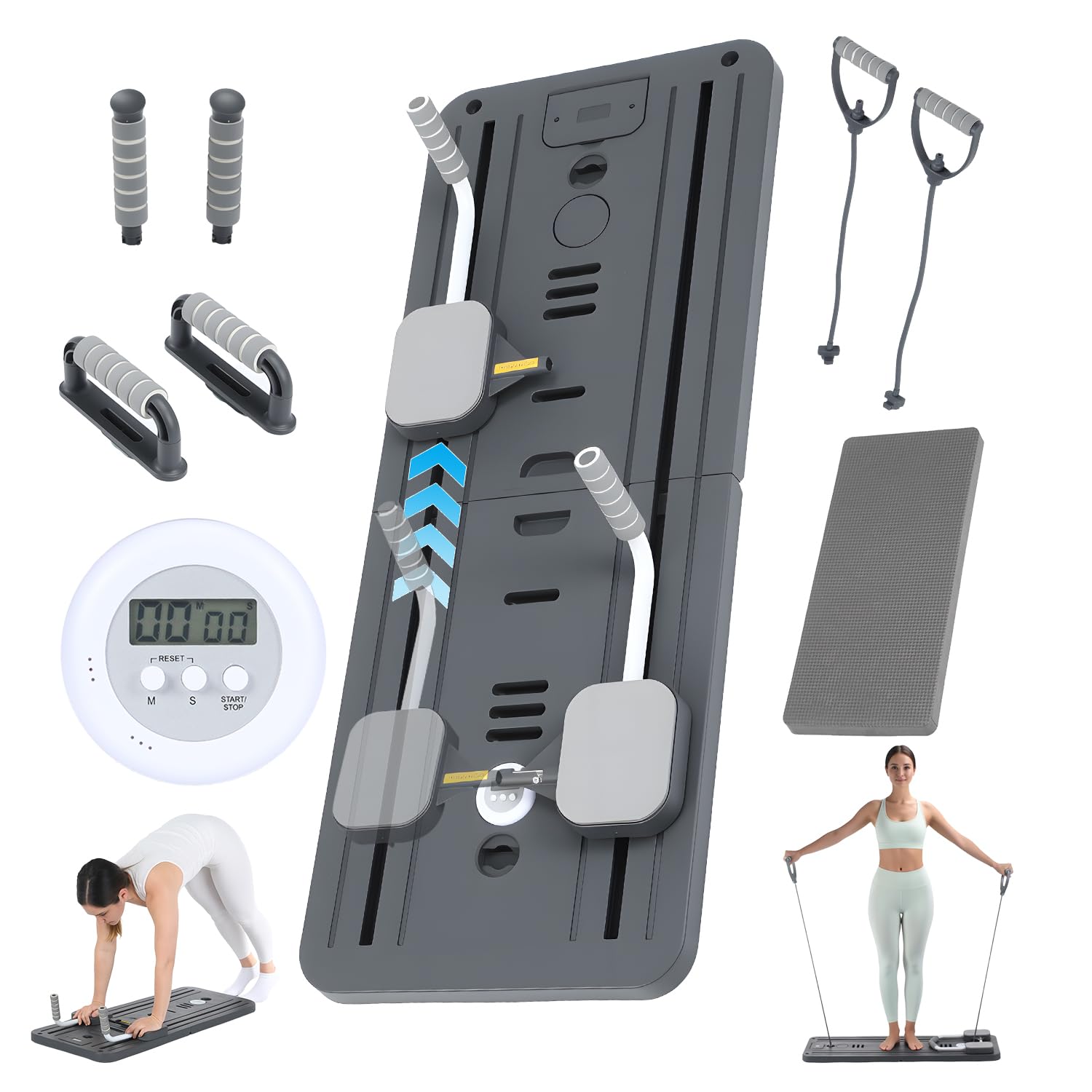 Juego de tabla de pilates para el hogar – Máquina reformadora plegable de pilates, minitabla reformadora de pilates, reformador para pilates premium, incluye temporizador, bandas de resistencia, asas