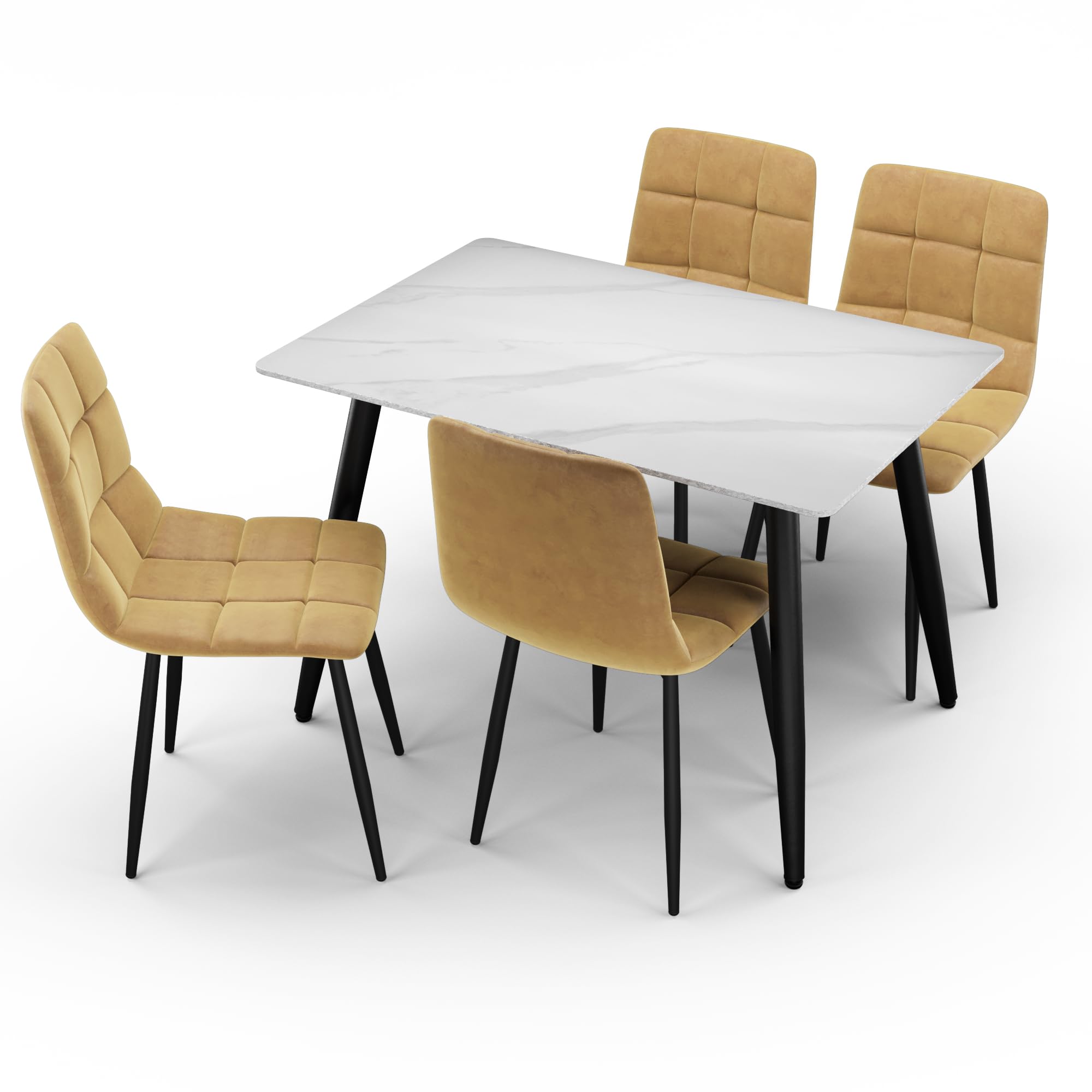 URBNLIVING 120cm Modern Ceramic Top Dining Table & 4 Comfortable Plush Velvet Chairs with Metal Legs Set for Kitchen, Dining Room