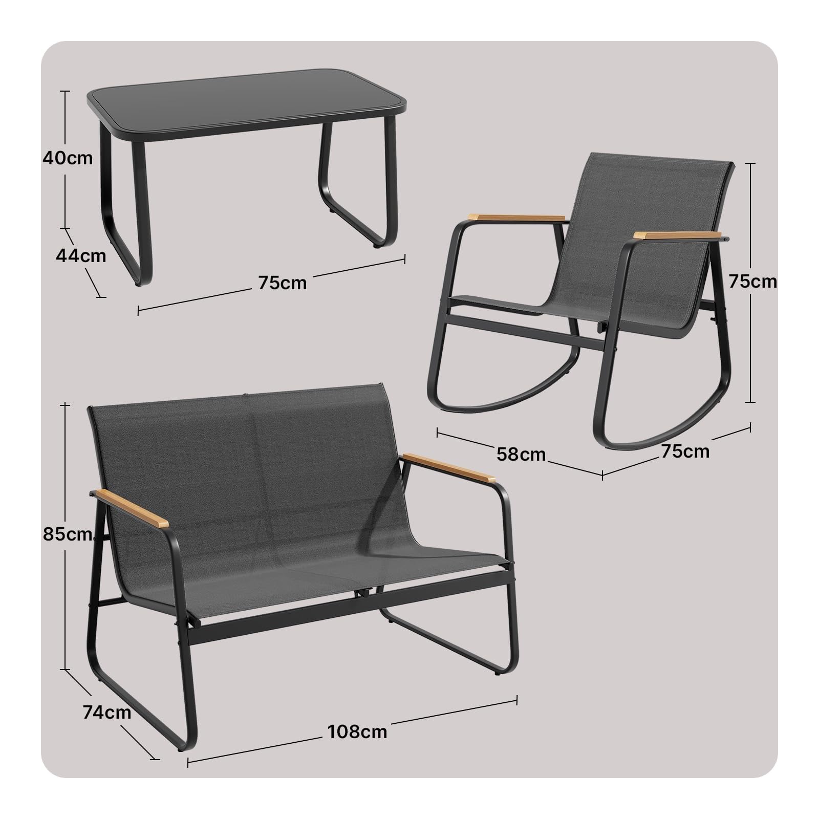Xbro Set Mobili da Giardino 4 Posti, Set da Conversazioni in Tessuto Teslin, 2 Poltrone 1 Panca Doppia 1 Tavolo in Vetro, Struttura in Acciaio per Terrazzi Giardini Spazi Esterni