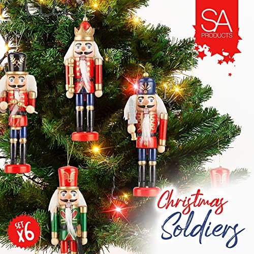 SA Products 6-Pack Wooden Nutcracker Soldiers - Hanging Nutcracker Christmas Decorations for Tree, Wreath, Windows, Table - Colourful Red, Green, Blue Xmas Figures - 13cm Tall Nutcracker Ornaments