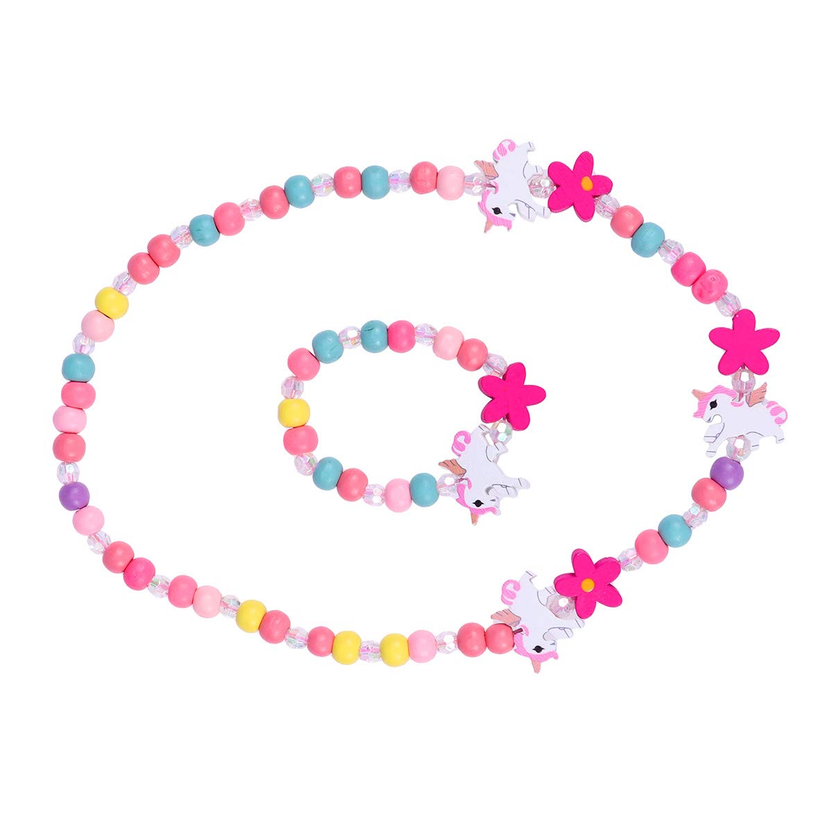 Amosfun Kids Jewelry Set Wooden Unicorn Beads Necklace and Bracelet Gift for Kids Party Favor