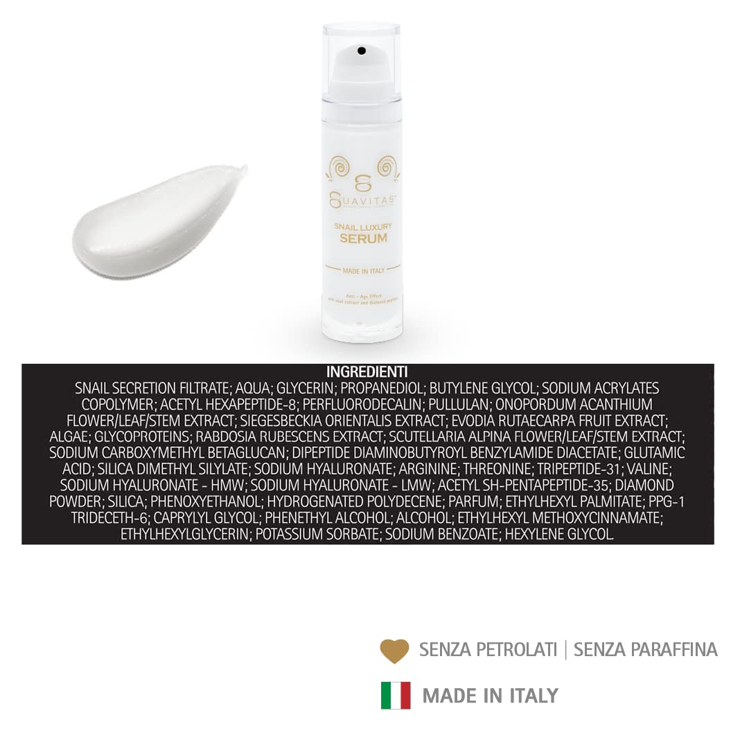Suavitas | Snail Luxury Serum - Siro viso Bava di Lumaca - 30 ml - Siero anti-age e rimpolpante - A base di Bava di Lumaca, Peptidi del Siero di Vipera, Acido Ialuronico, Arginina