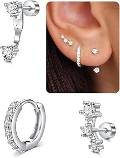 Hypoallergenic Earrings for Women Silver Gold Cartilage Earrings for Women Surgical Steel Earrings Flat Back Earrings Gold Plated Earrings Stackable Earrings 3 Set Second Hole Earrings for Women