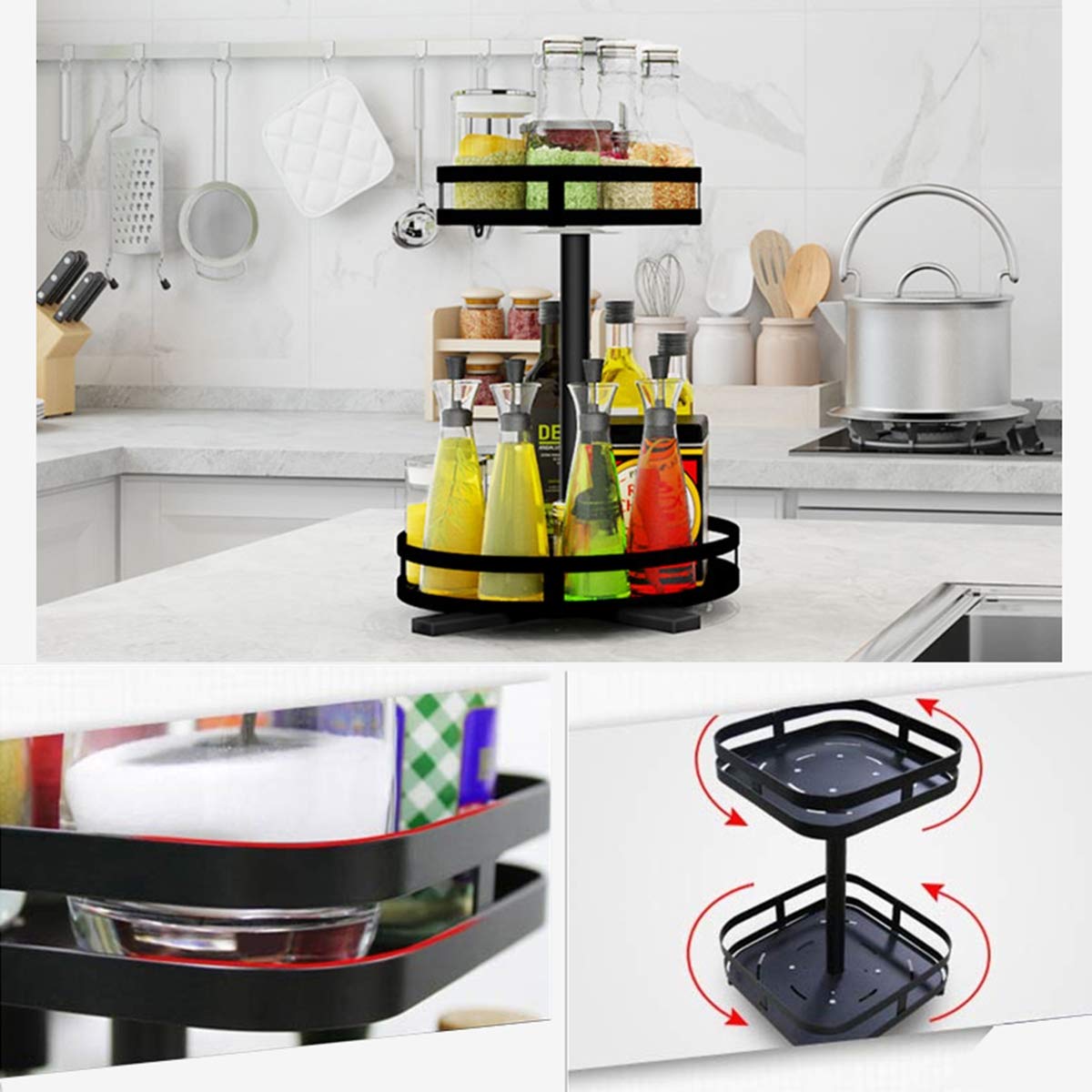Gramofon stojak na przyprawy 2-poziomowy pojemnik do przechowywania żywności do szaf, spiżarni, lodówki, blatów, spinningowy organizer na przyprawy, przyprawy, A