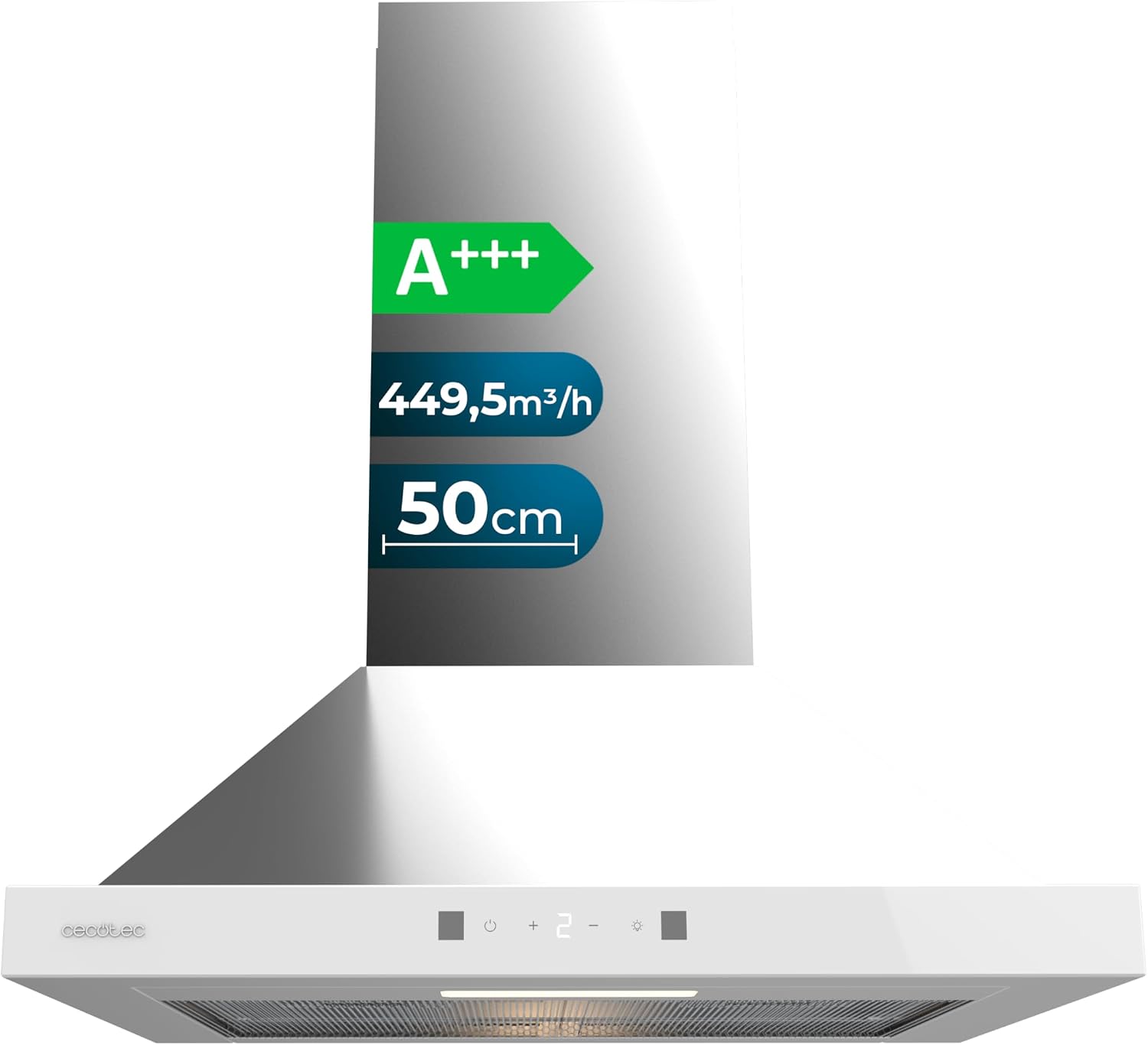 Cecotec Bolero Flux PT 504400 Stainless Steel A++ Extractor Hood 50 cm Front Glass, Suction 449.5 m³/h, Invisible Touch Control, Booster Function, Washable Filters, Class A++