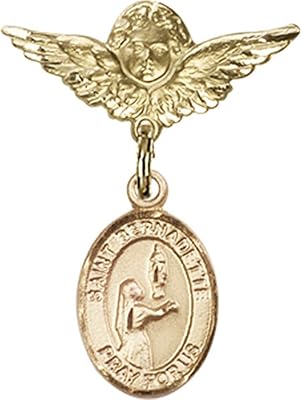 14kt Yellow Gold Baby Badge with St. Bernadette Charm and Angel w/Wings Badge Pin 1 X 3/4 inches