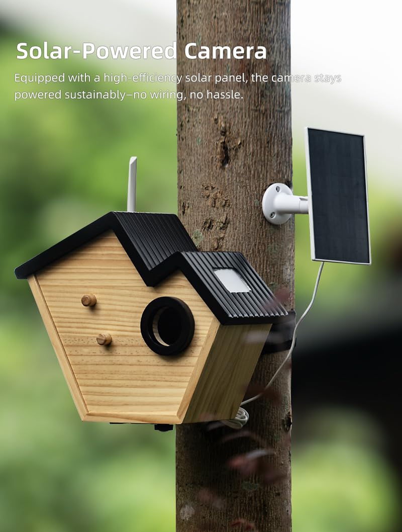 Vogelhaus mit Kamera, 2K Kamera WLAN Outdoor mit Massivholz Nistkasten, 2,4G WiFi & App Benachrichtigung, Nistkasten mit Kamera, Automatische Aufnahme von Vogelvideos &Bewegungserkennung, Solarbetrieb